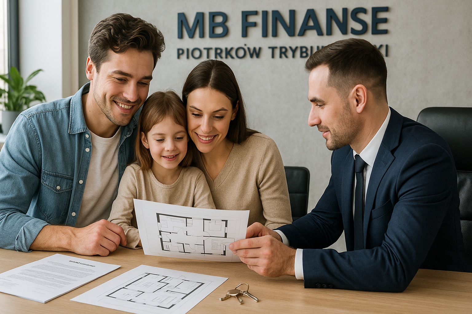 Rodzina z doradcą omawia Rodzinny Kredyt Mieszkaniowy w biurze MB Finanse w Piotrkowie Trybunalskim