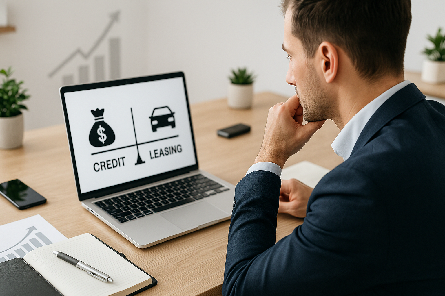 Przedsiębiorca porównujący kredyt i leasing dla firmy przy biurku
